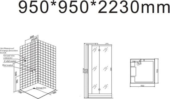 Stoomcabine - Darwin Glans wit, Zwart - 95x95x223cm