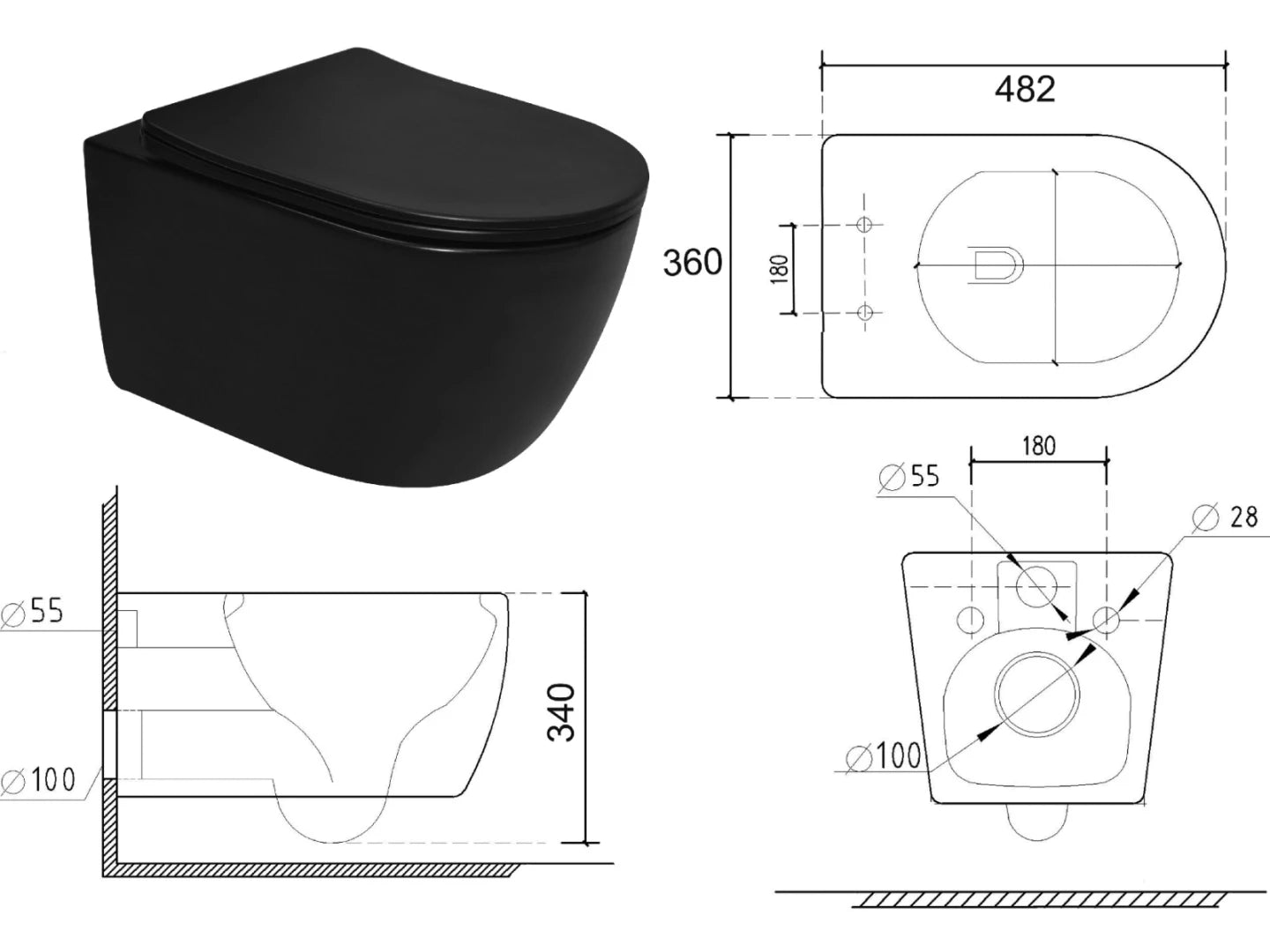 Hangend rimless toilet - Turbo flush - Brooklyn Mat zwart - 49x36x34cm