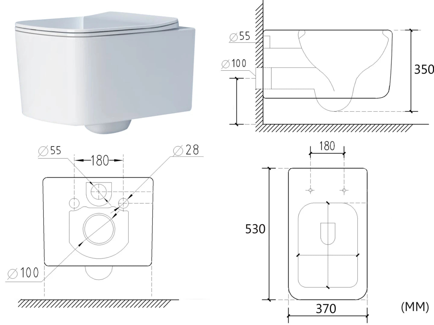 Hangend rimless toilet - Portland - Glans wit - 53x38x32cm