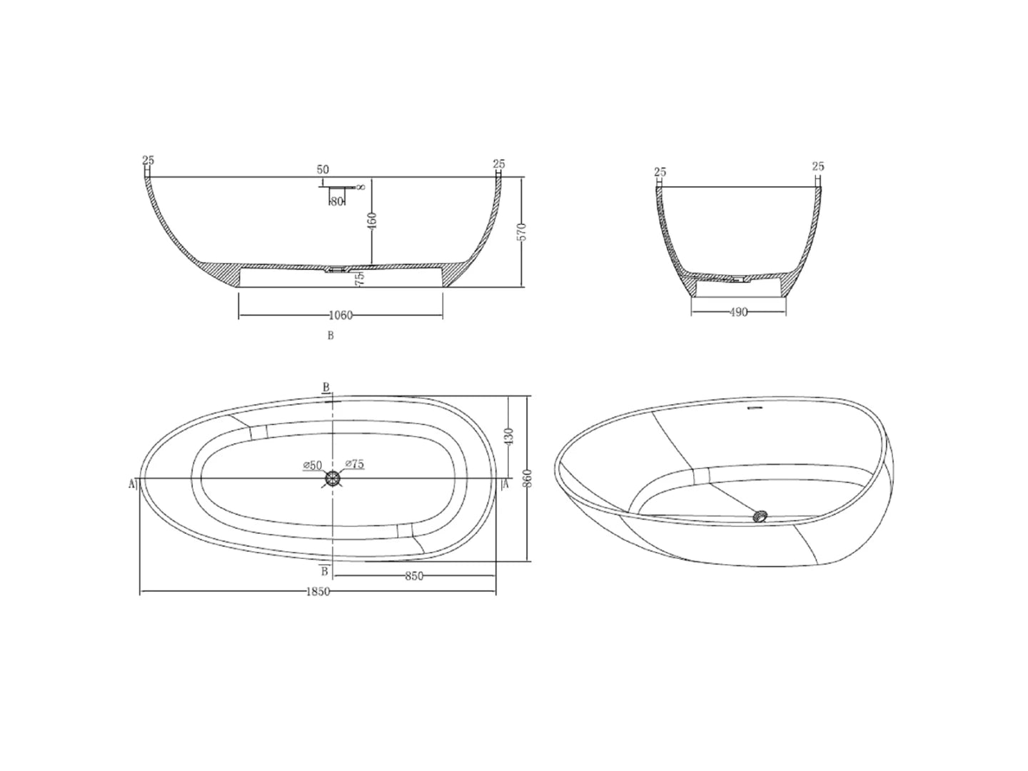 Vrijstaand bad - Solid surface - Izak Mat zwart - 185x86x57cm