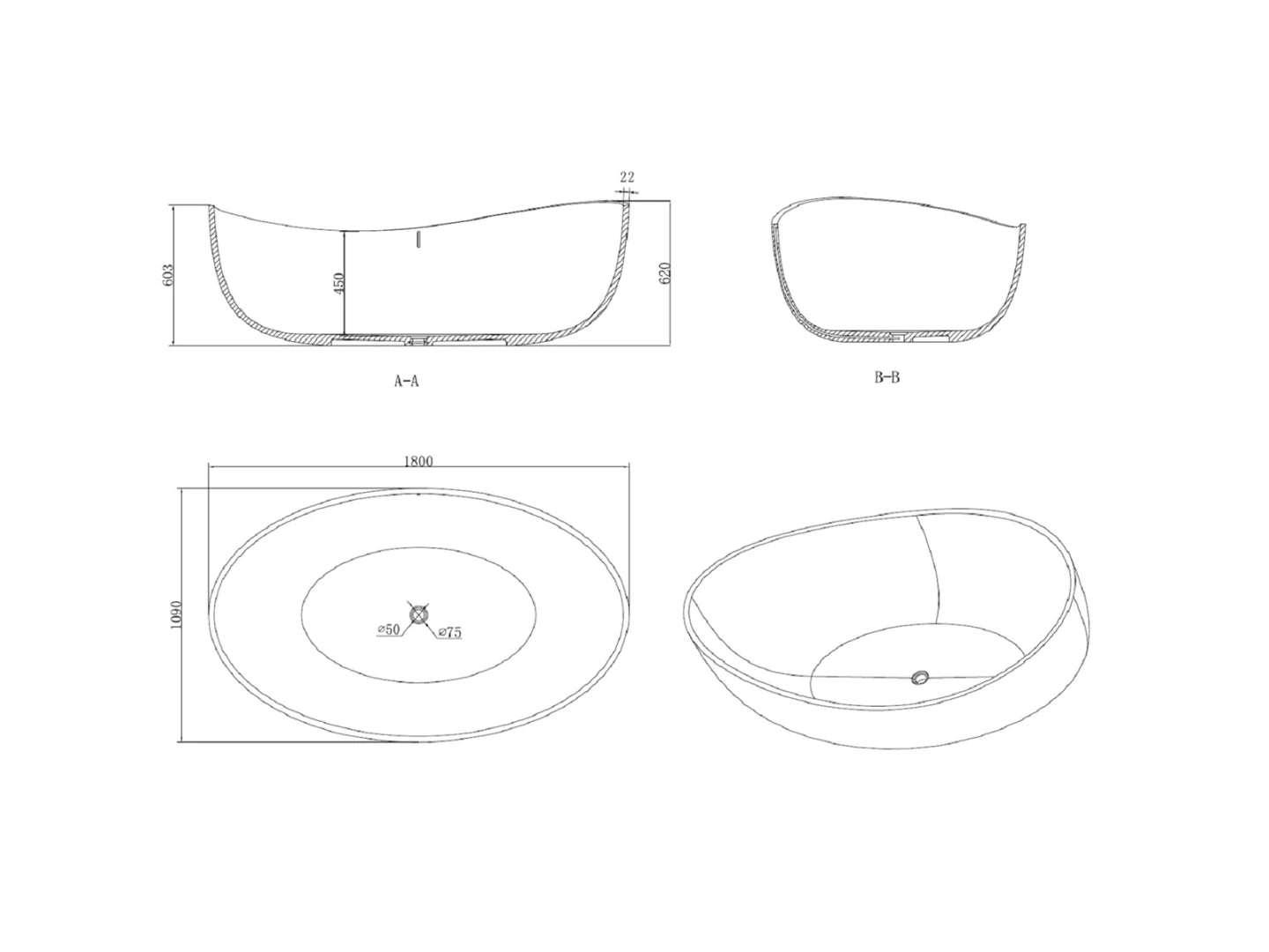 Vrijstaand bad - Solid surface - Ethan Mat zwart - 180x109x62cm