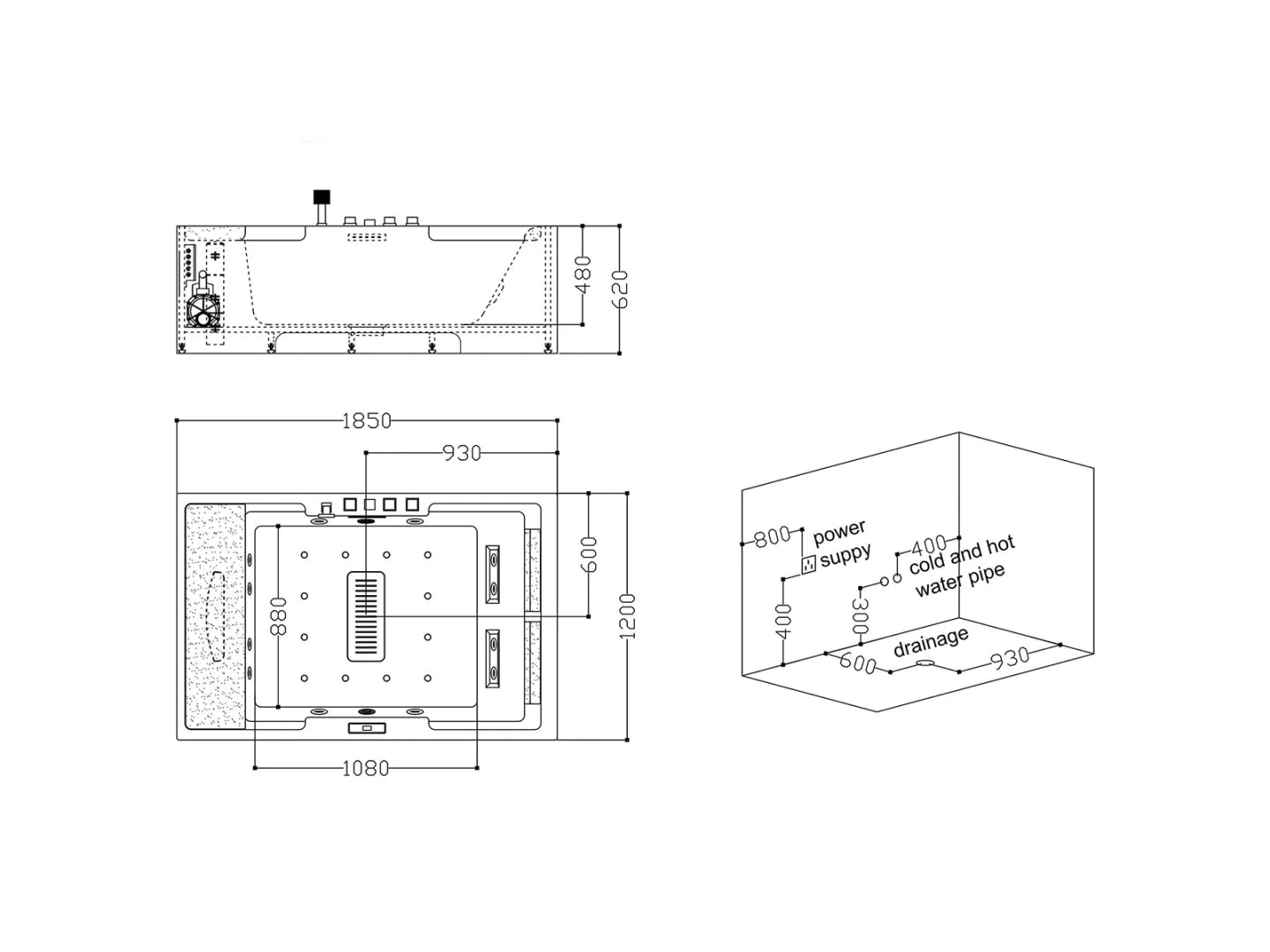 Inbouw massagebad - Olan Glans wit - 185x85x62cm