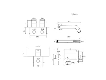 Thermostatische inbouw badkraan - Kecer Mat zwart - 20cm