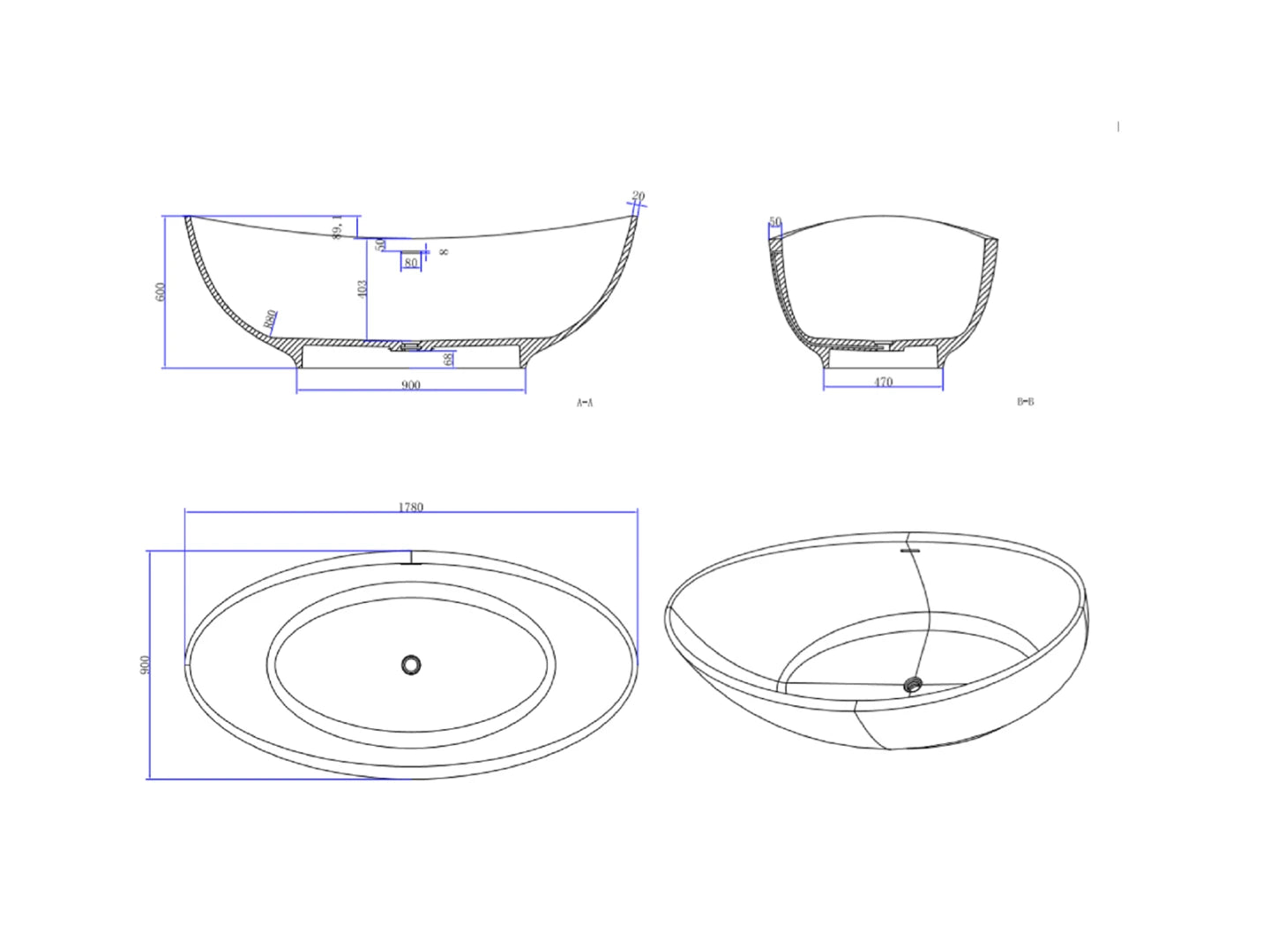 Vrijstaand bad - Solid surface - Dace Mat wit, Mat zwart - 178x90x60cm