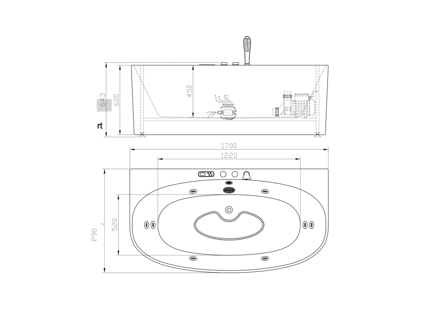 Opbouw massagebad - Ballo Mat zwart - 170x88x62cm