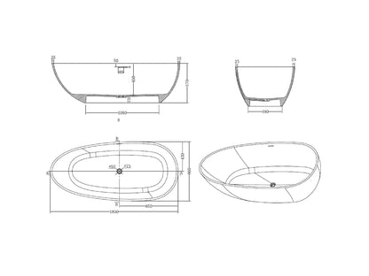 Vrijstaand bad - Solid surface - Izak Mat wit, Mat zwart - 185x86x57cm