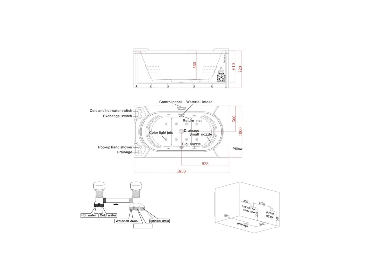 2 persoons vrijstaand massagebad - Pizzo Glans wit - 185x100x72cm