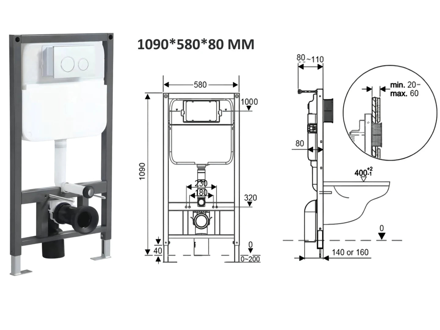 Inbouwreservoir - Dual flush Grijs - 8-11x58x109-121cm