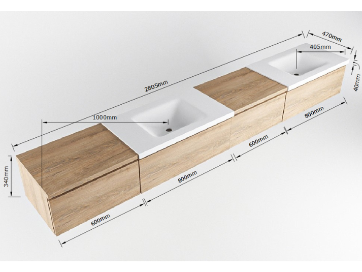 MONDIAZ BUKLA 280cm Badmeubel met Module 60 Rechts - Kleur Dark Brown - 4 Lades - Wastafel CLOUD Dubbel - 0 Kraangaten - Kleur Urban (Zwart)