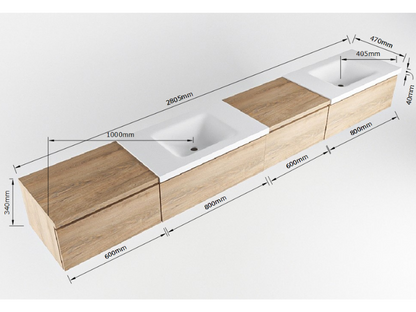 MONDIAZ BUKLA 280cm Badmeubel met Module 60 Rechts - Kleur Dark Brown - 4 Lades - Wastafel CLOUD Dubbel - 0 Kraangaten - Kleur Urban (Zwart)