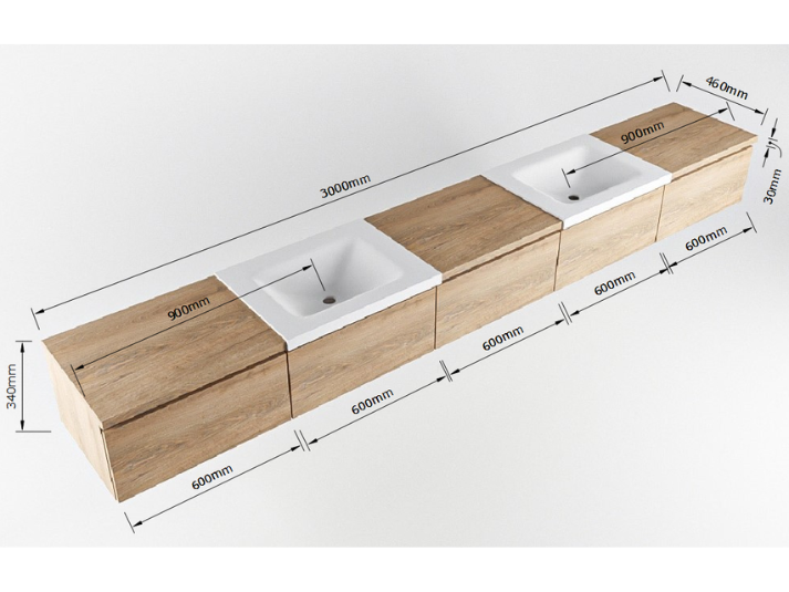 MONDIAZ BUKLA 300cm Badmeubel met Module 60 - Kleur Washed Oak (Eiken) - 5 Lades - Wastafel CLOUD Dubbel - 2 Kraangaten - Kleur Talc (Wit)