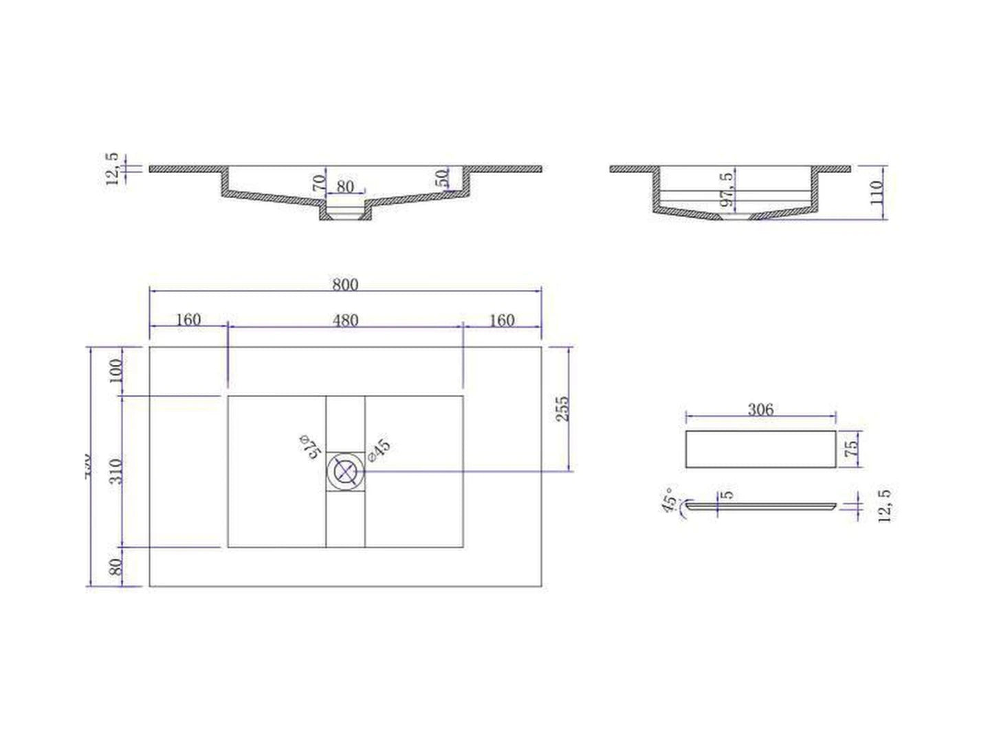 Inbouw wastafel - Solid surface - Ash Mat wit - 49x80x11cm