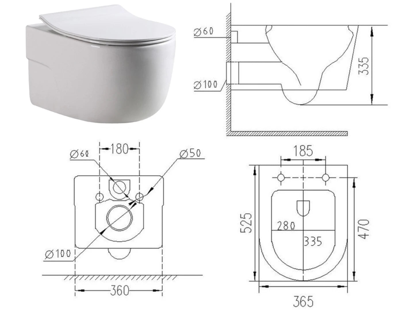 Hangend rimless toilet - Texas Glans wit - 53x37x36cm