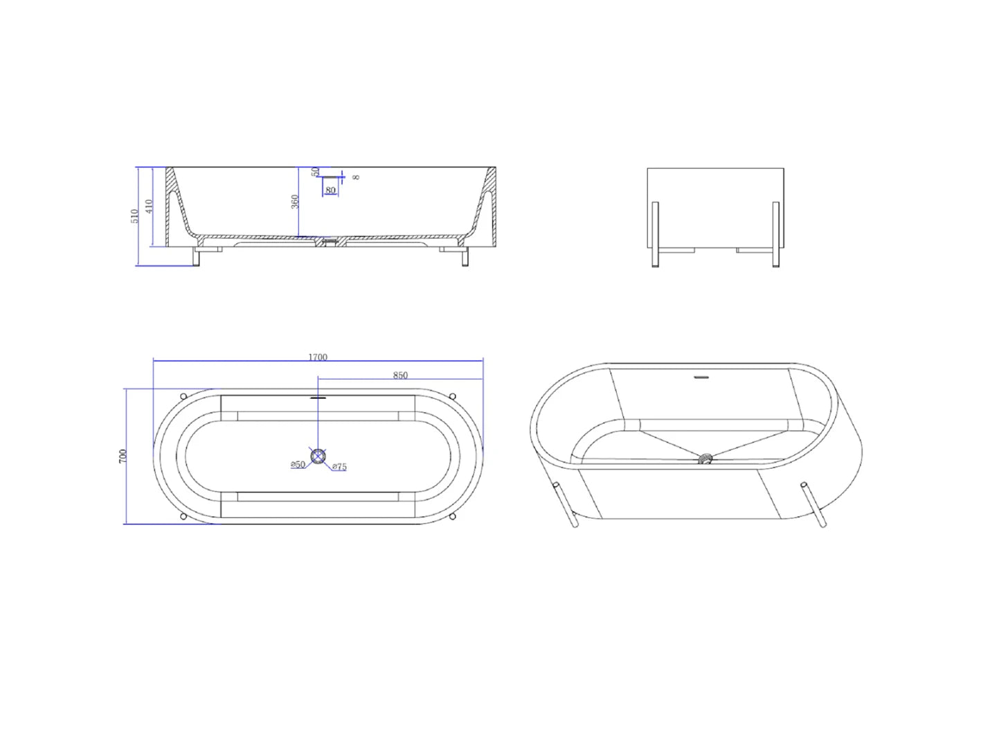 Vrijstaand bad - Solid surface - Nevil Mat wit - 170x70x51cm